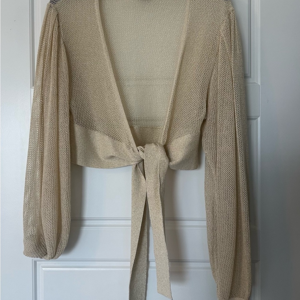 Beige Tie-Front Mesh Cardigan